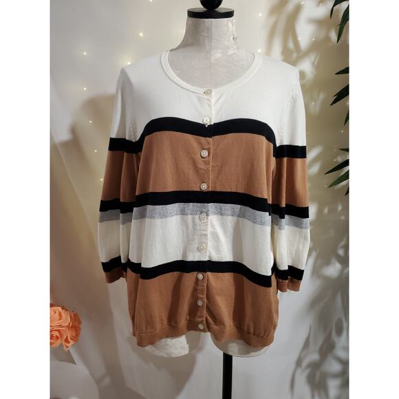 Talbots Womens Striped 3/4 Sleeve Button Cardigan Sweater Size 1X Neutral Office - Picture 1 of 8